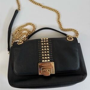 Michael Kors Black Leather Shoulder Bag with Gold Hardware & Stud Detail